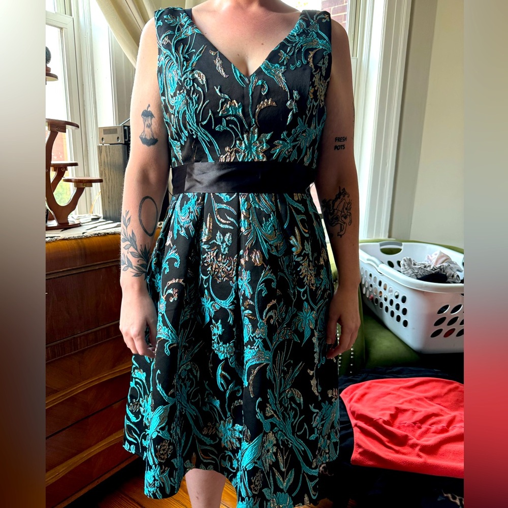 NWT Liza Lux sz L blue and black jacquard brocade sleeveless fit and flare dress